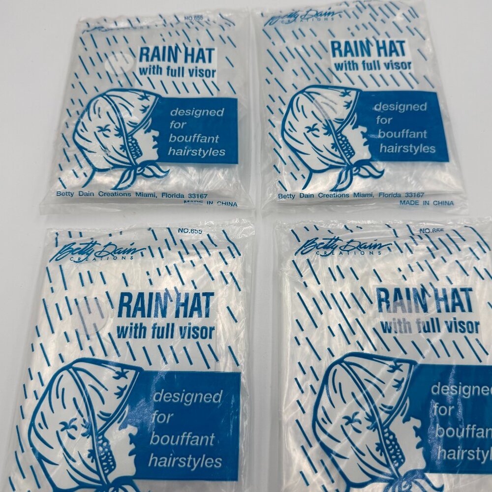 4 Betty Dain Creations Rain Hats W/Full Visor, Designed for Bouffant Hair Styles